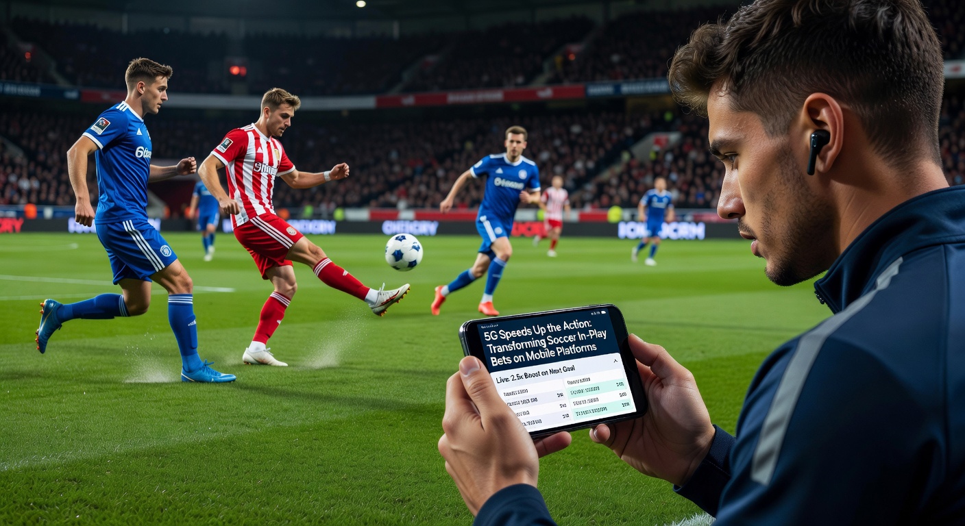 A soccer stadium filled with fans waving phones during a live match, highlighting mobile betting action enabled by 5G connectivity