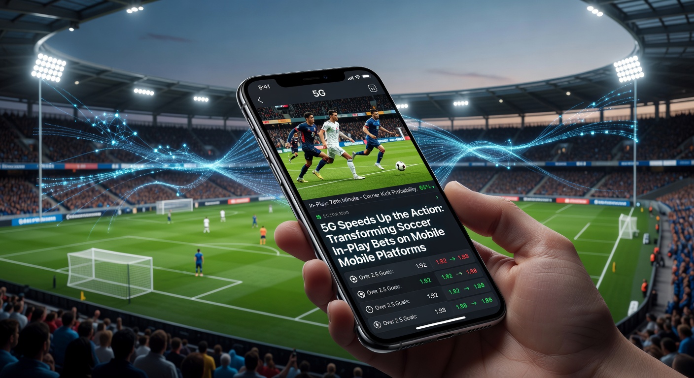 Close-up of a mobile phone screen showing live soccer in-play betting odds updating in real-time on a 5G network, with stadium lights in the blurred background