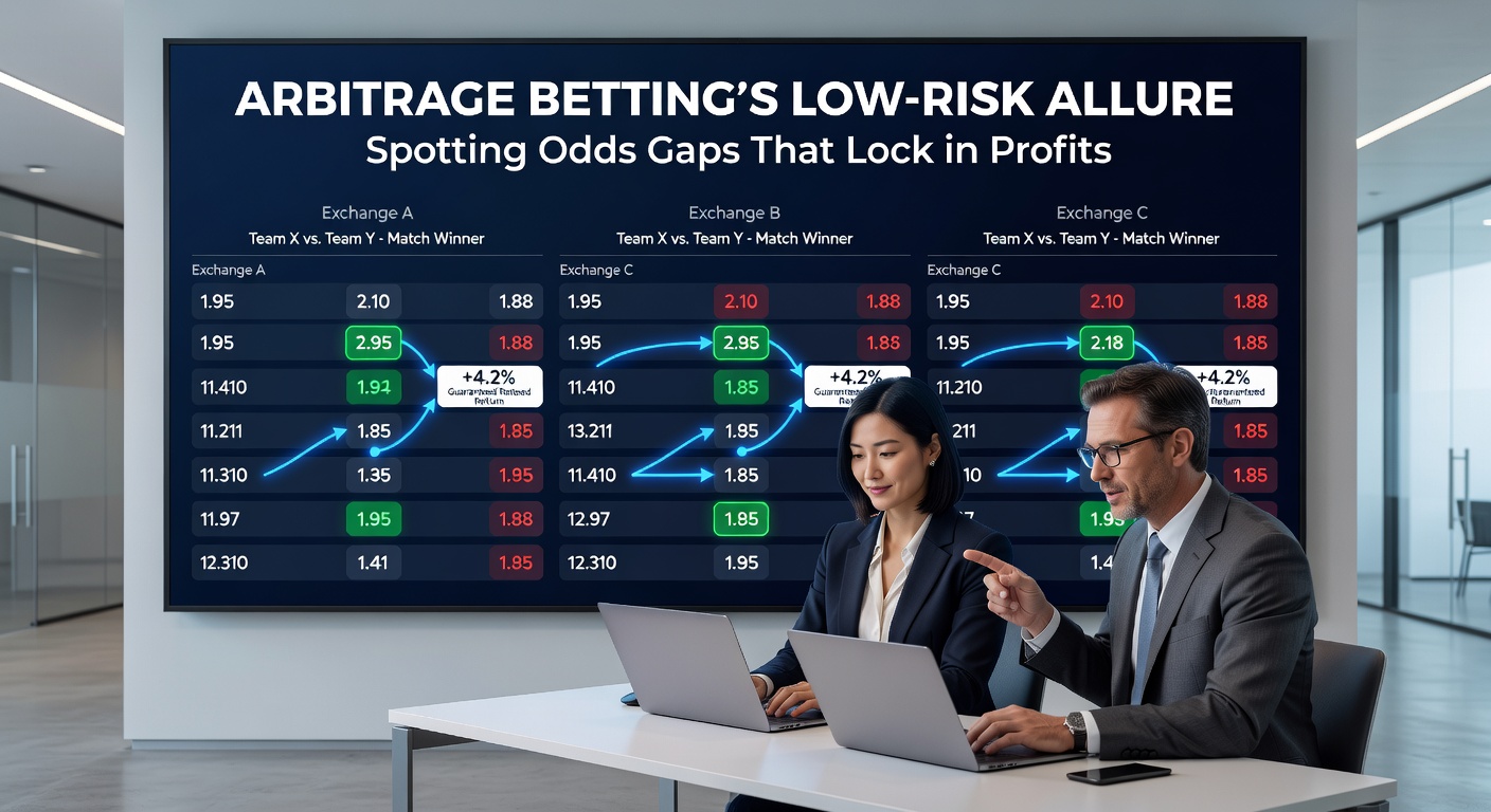 Digital dashboard displaying arbitrage betting opportunities across multiple sportsbooks, highlighting odds discrepancies in real-time