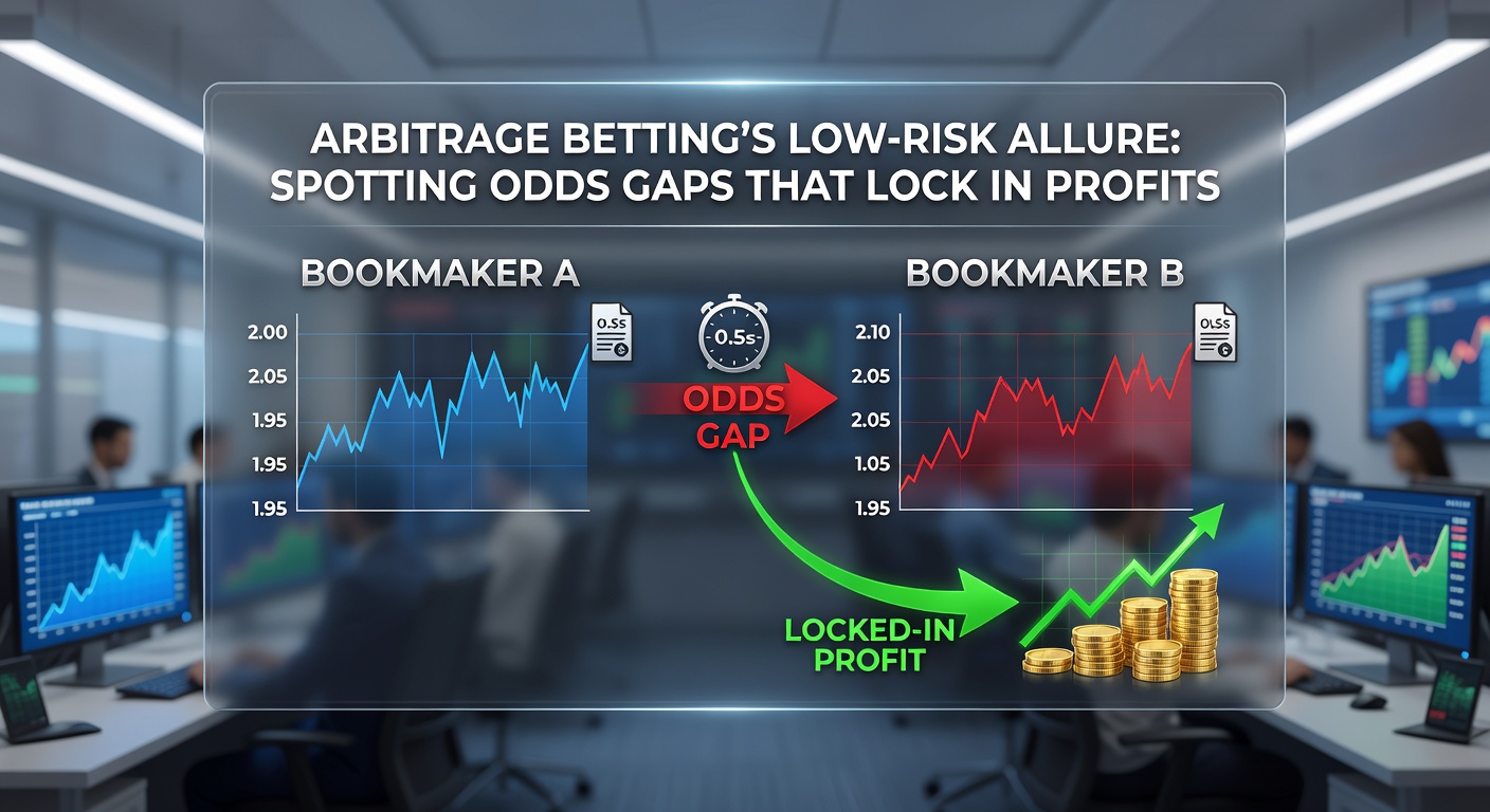Close-up of a bettor's screen showing a confirmed arbitrage bet on a tennis match, with stakes distributed across two sportsbooks guaranteeing a 2.1% profit