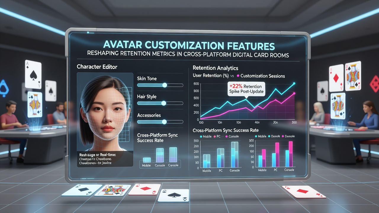Digital card room interface showing customizable avatars in a cross-platform poker environment
