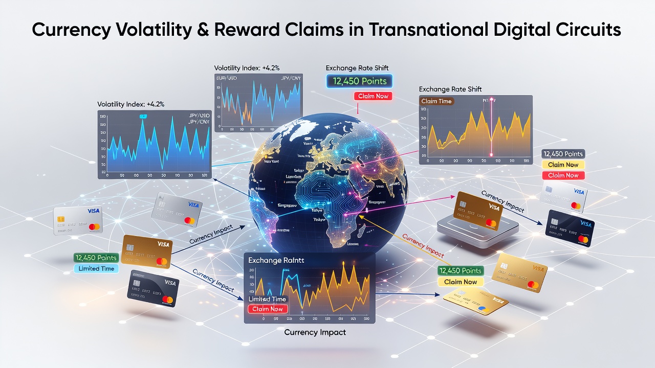Digital card interface displaying cross-border reward balances amid fluctuating exchange rates