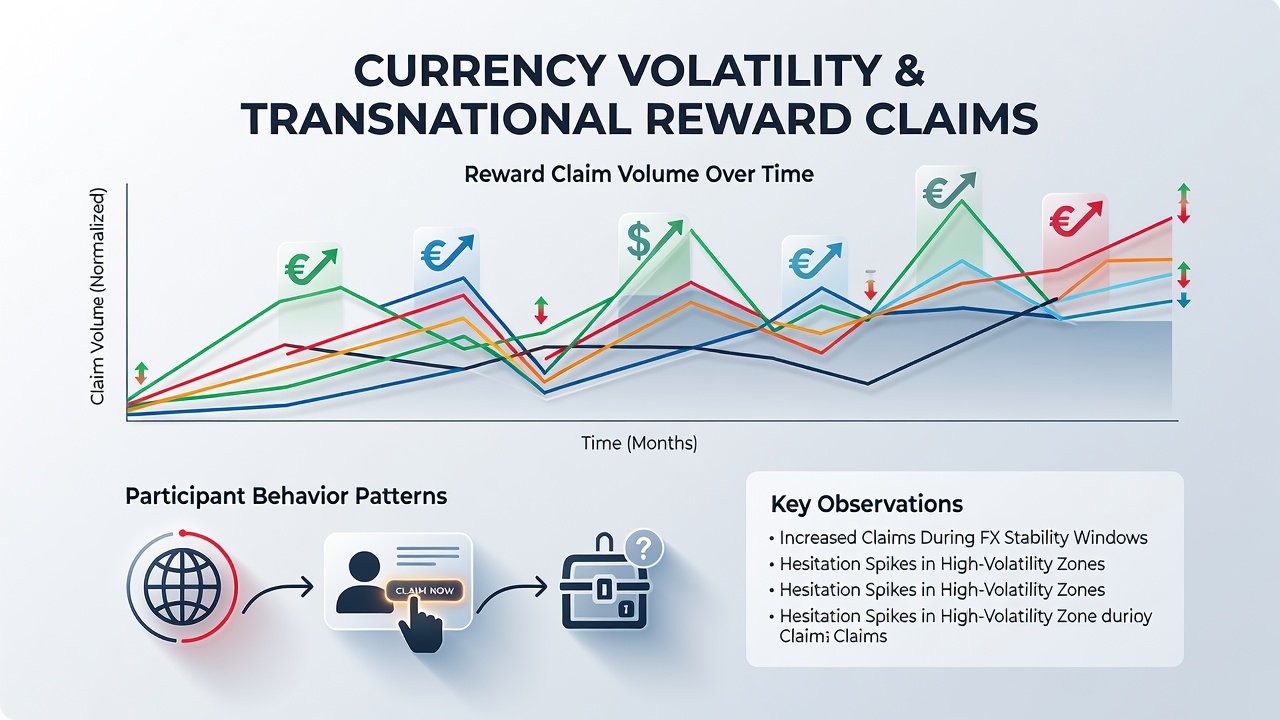 Analytics dashboard showing reward claim volume changes correlated with currency exchange rate movements