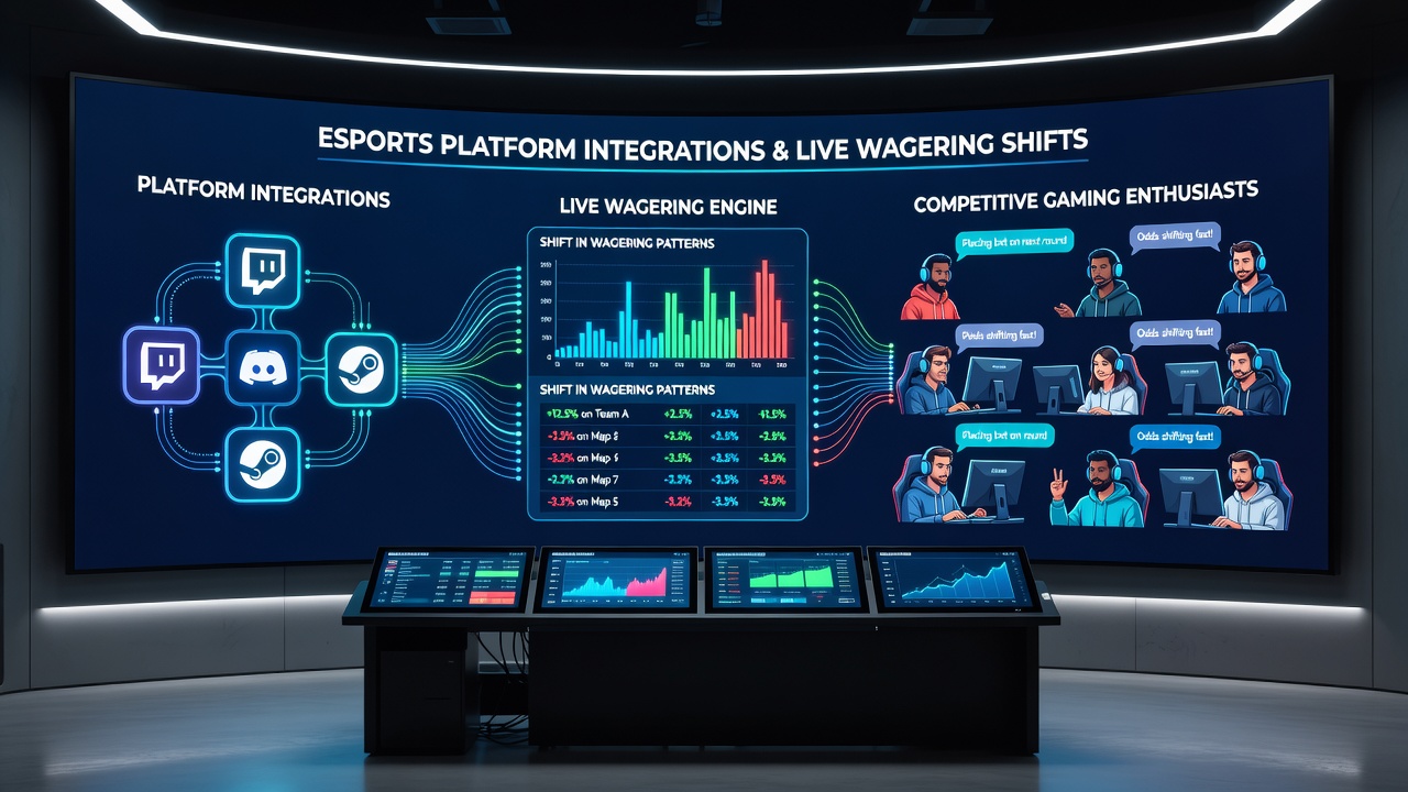 Competitive gamers using mobile devices with integrated esports betting interfaces during a live tournament