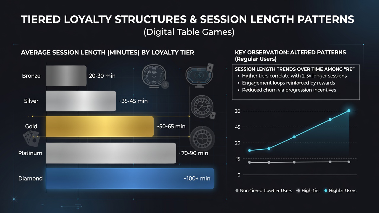 Analytics dashboard displaying tiered loyalty data points correlated with extended user session lengths on digital table game platforms