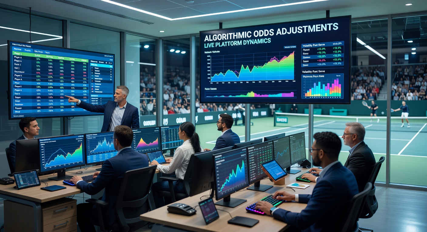 Real-time algorithmic odds dashboard showing tennis match data feeds and live betting adjustments