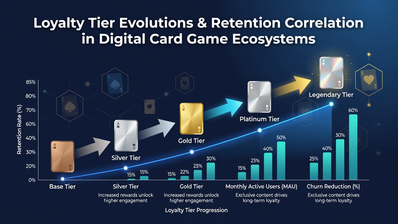 Analytics dashboard displaying retention metrics correlated with loyalty tier levels in a card game platform