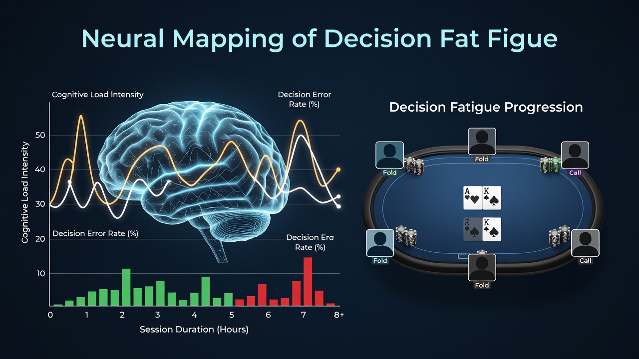EEG headset data visualization capturing decision fatigue markers in participants during multi-hour poker cash game simulations