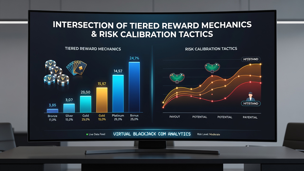 Community members analyzing risk calibration charts alongside tier progression metrics in virtual blackjack settings