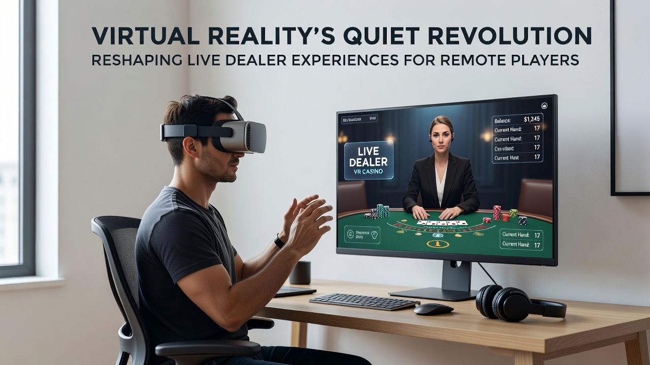 Group of remote players represented as avatars around a virtual blackjack table with live dealer